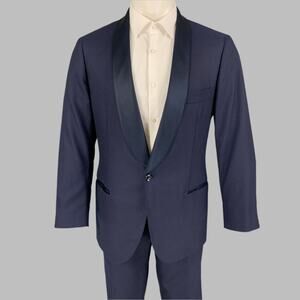 BRUNELLO CUCINELLI Size 40 Navy Cotton Silk Shawl Collar Suit